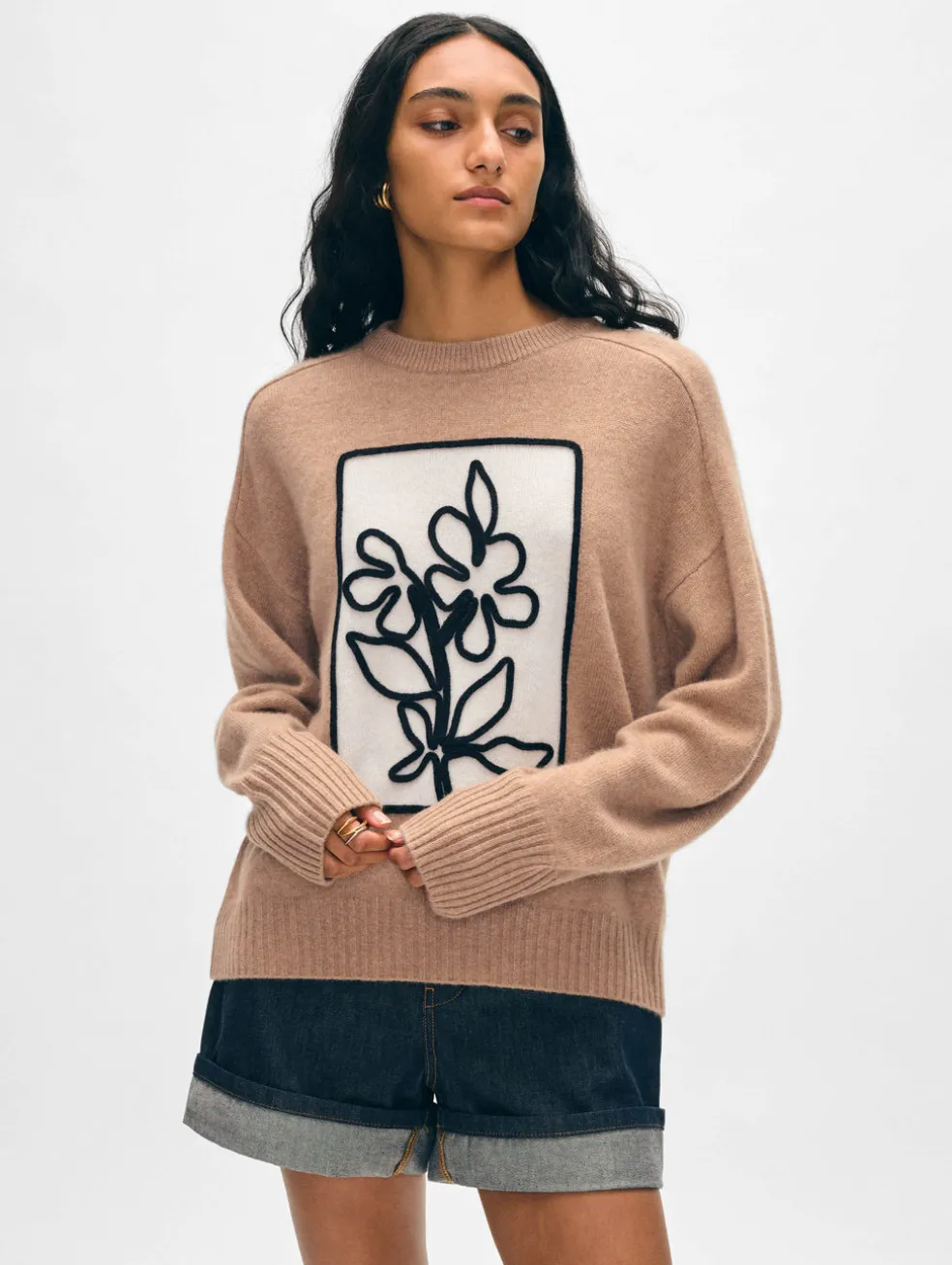 cashmere floral appliqué crewneck