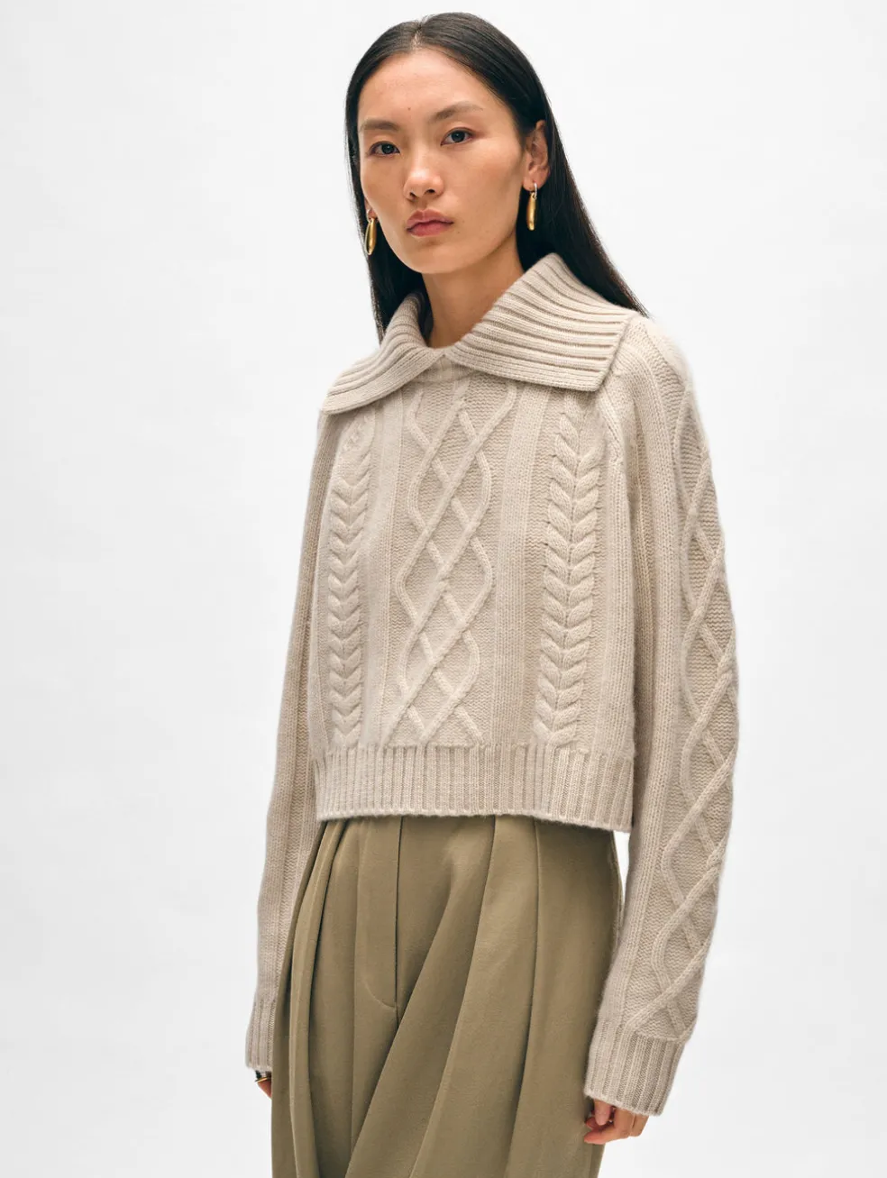 cashmere luxe cable collar crewneck