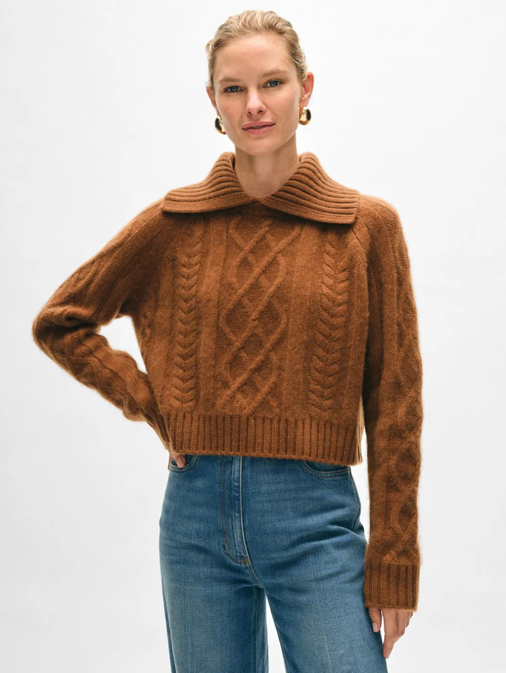 cashmere luxe cable collar crewneck