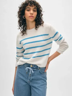 cashmere striped roll trim crewneck