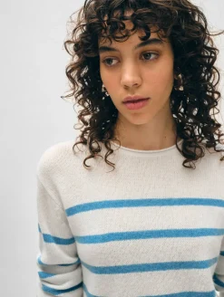 cashmere striped roll trim crewneck