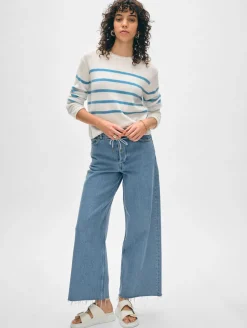 cashmere striped roll trim crewneck