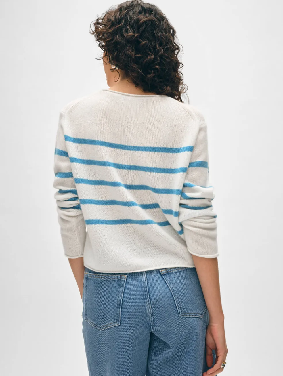 cashmere striped roll trim crewneck