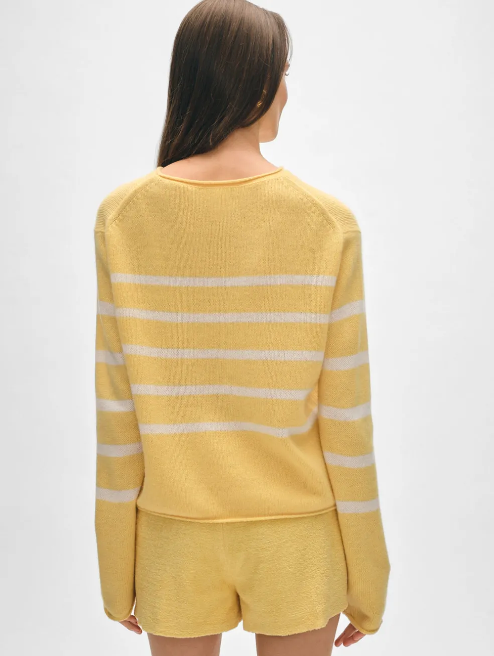 cashmere striped roll trim crewneck
