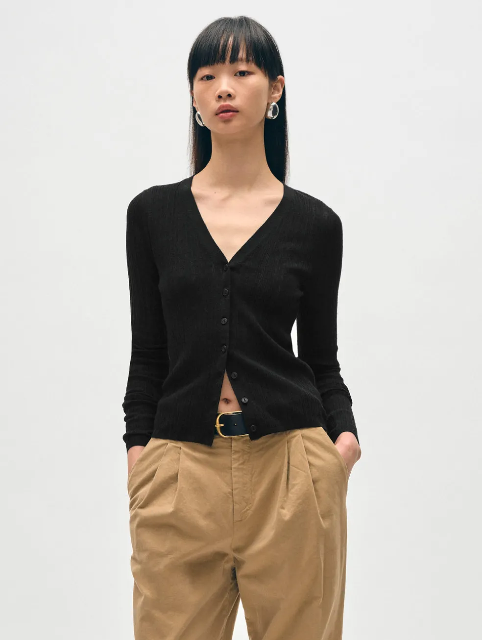 linen gauze ribbed v neck cardigan